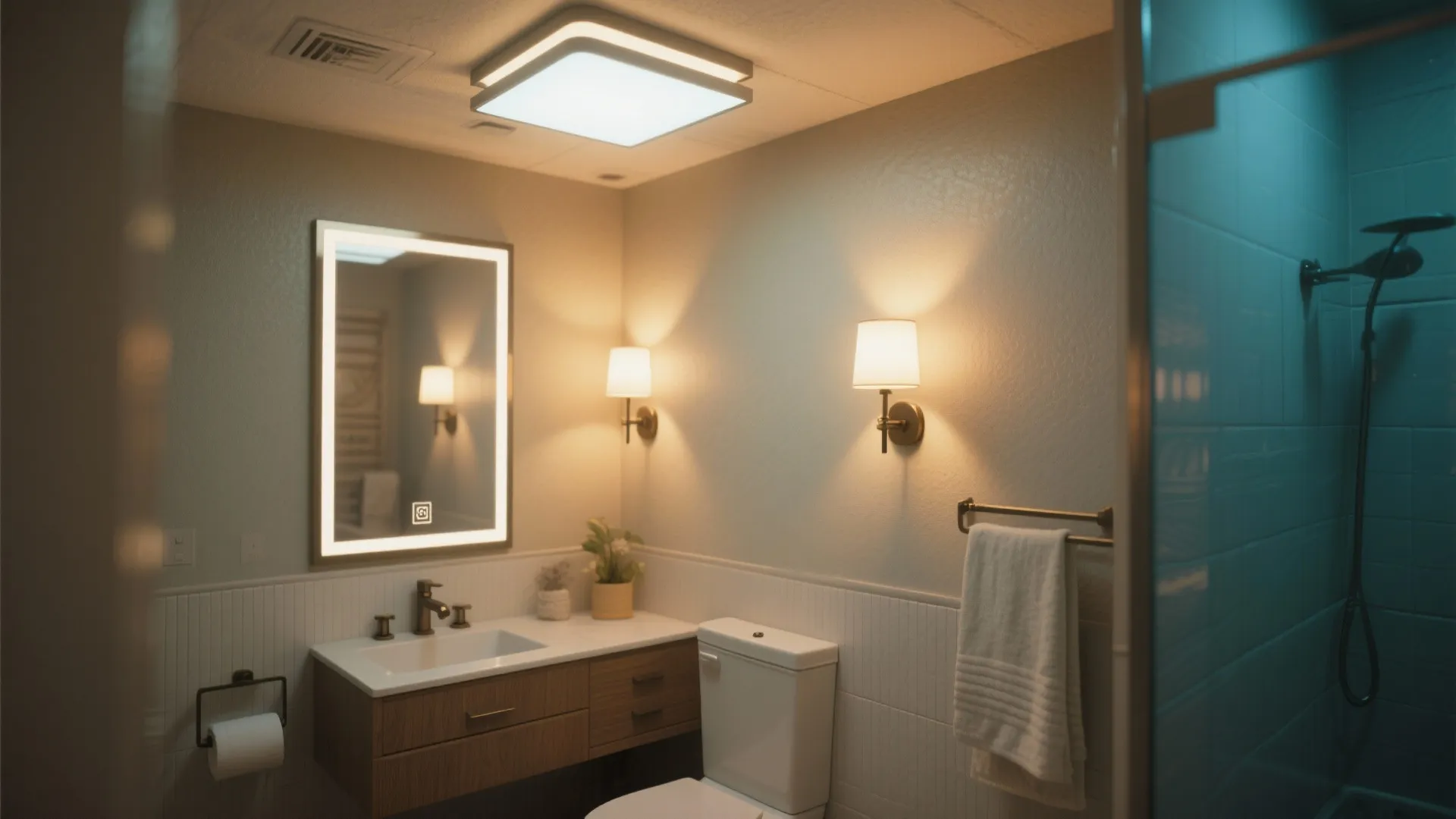 Modern bathroom featuring lighted mirror two wall lights square ceiling light toilet and wooden cabinet