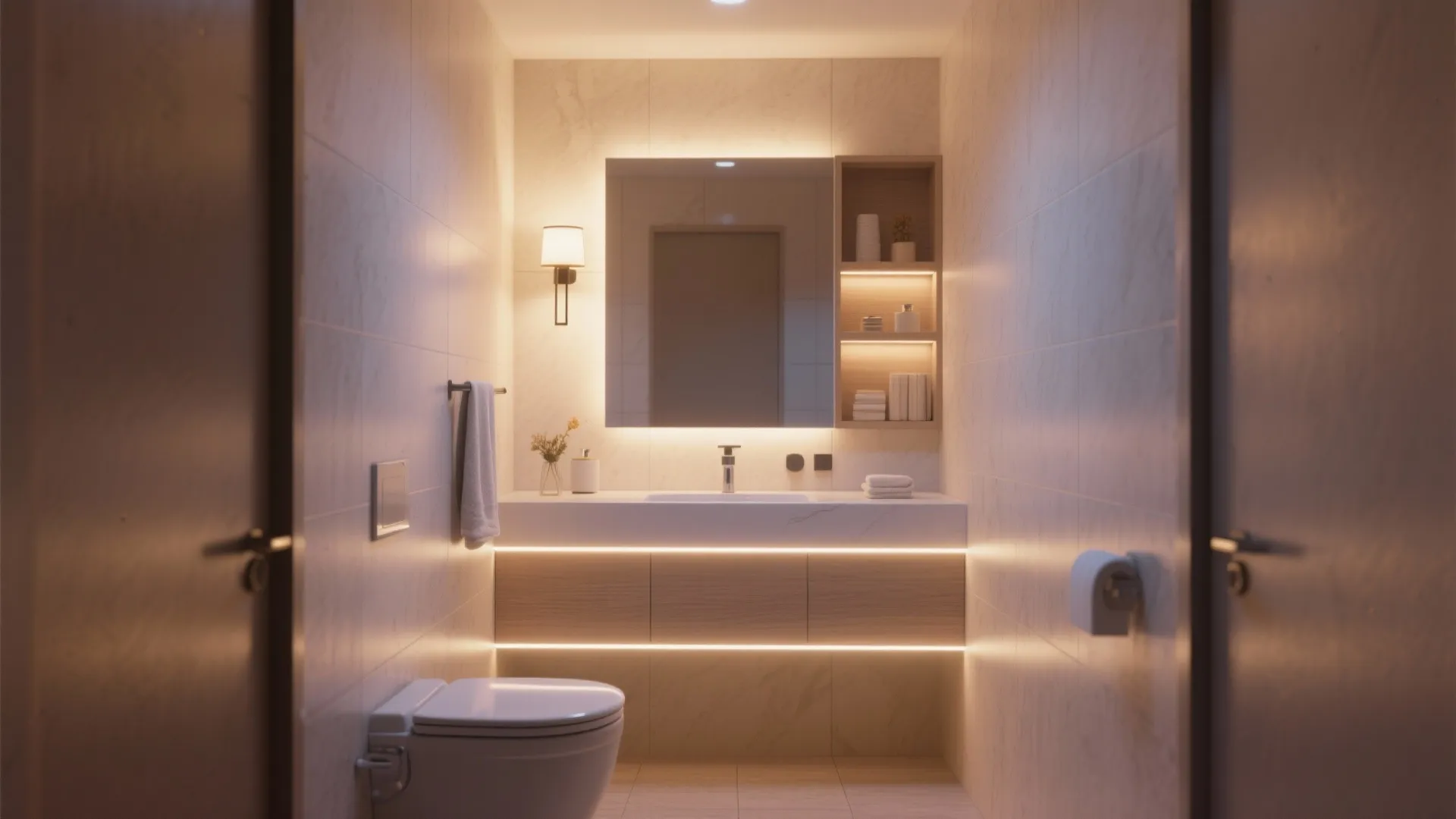 Small bathroom with layered lighting creating a cozy mood