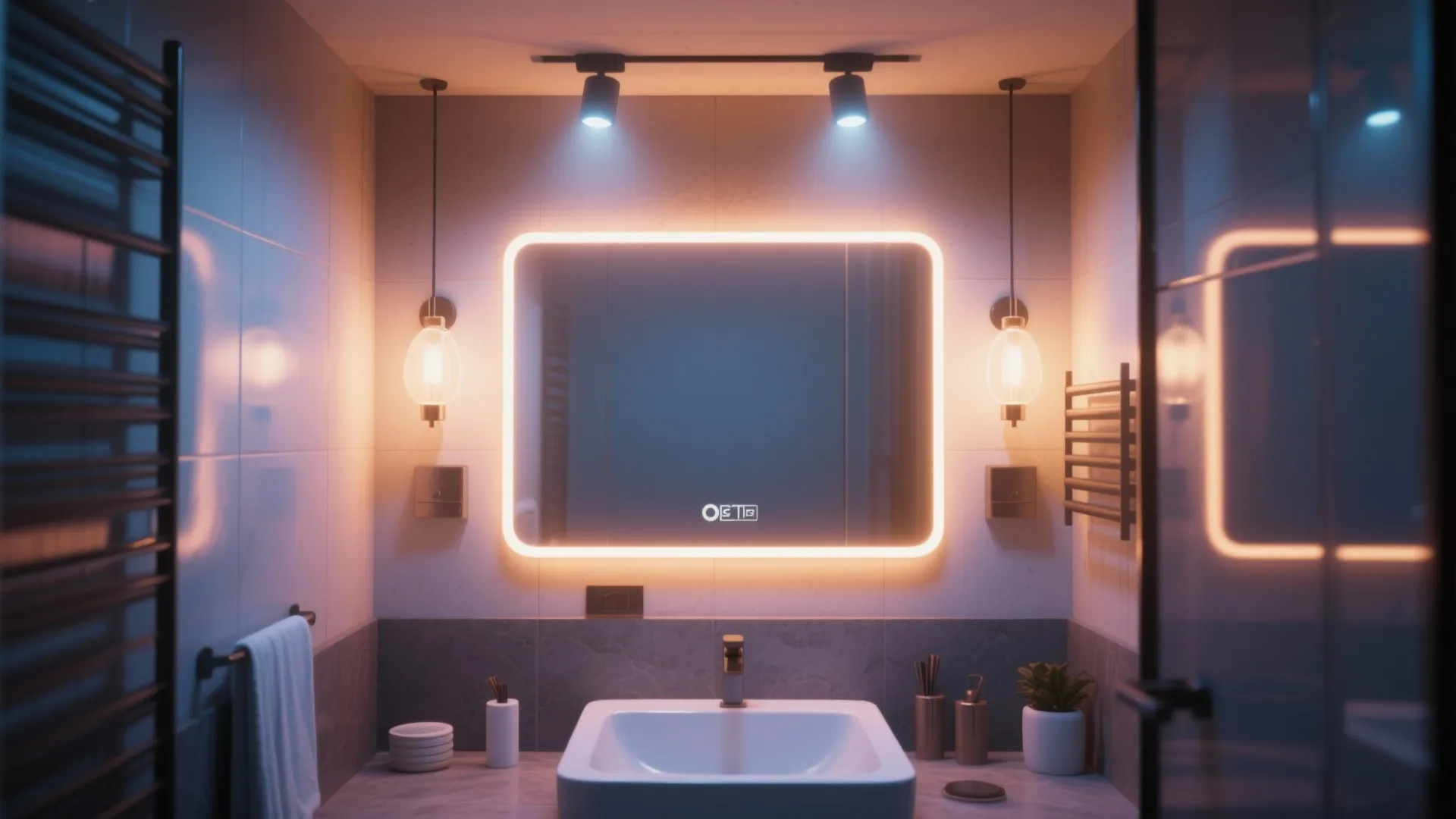 Bathroom interior with glowing square mirror wall lights ceiling spotlights and a modern white sink