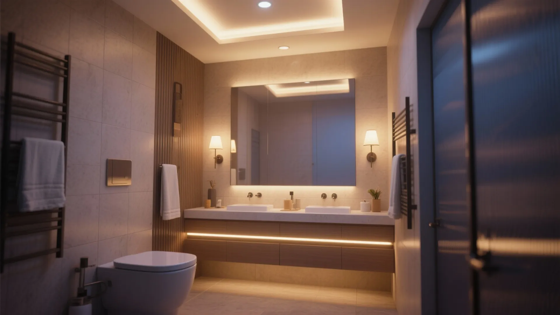 Modern bathroom with warm light fixtures including wall lights backlit mirror and cabinet floor lighting