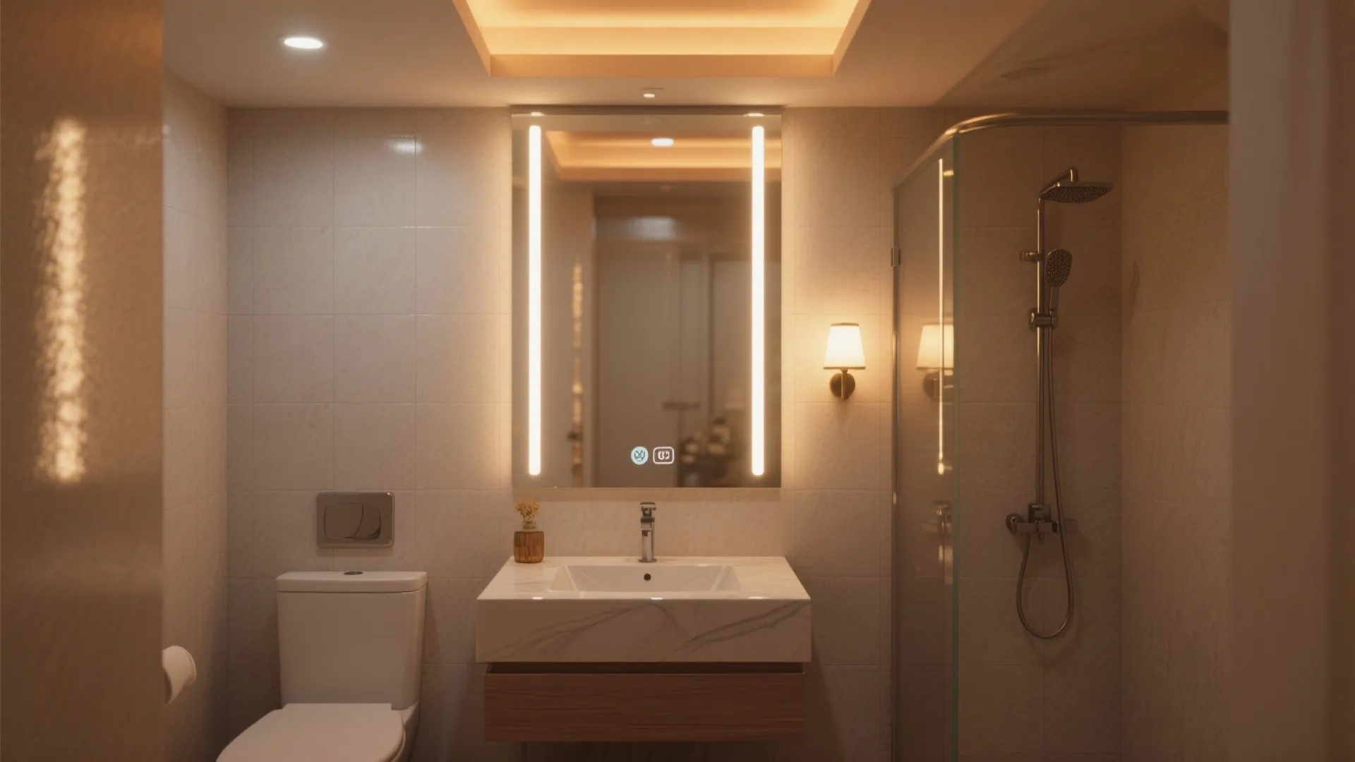 Compact bathroom with mirror-flanking LED strips, a ceiling light, and a wall sconce for layered warm lighting.