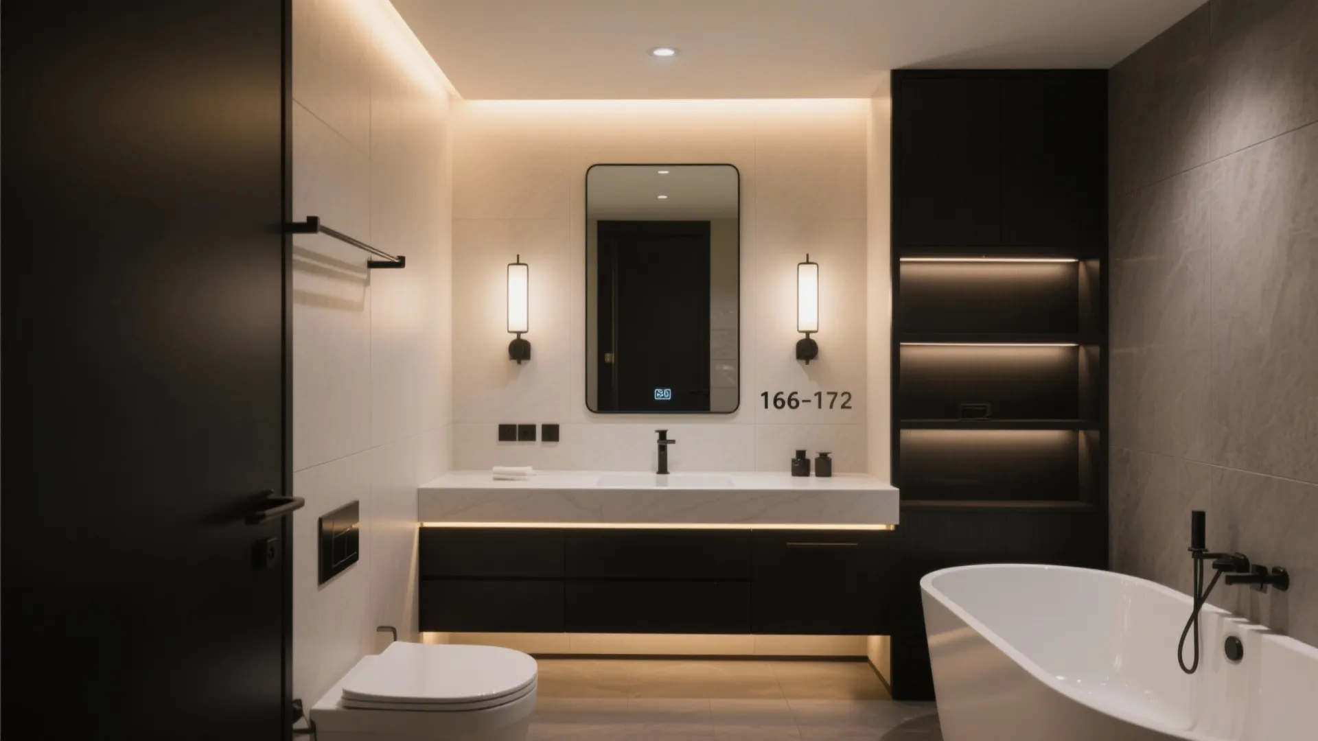 Compact bathroom with task sconces, ambient lighting, and a dimmable warm soak mode over the tub.