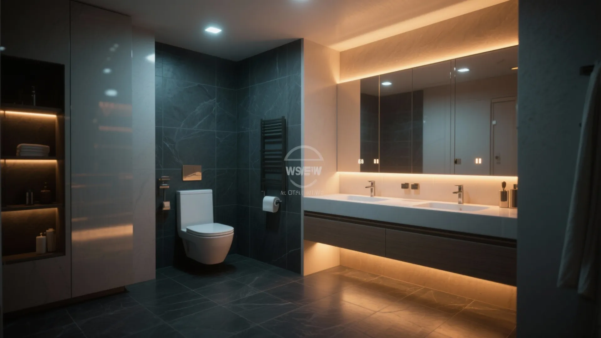 Small bathroom showcasing recessed lights, LED mirror and toe-kick lighting over a dark floor.