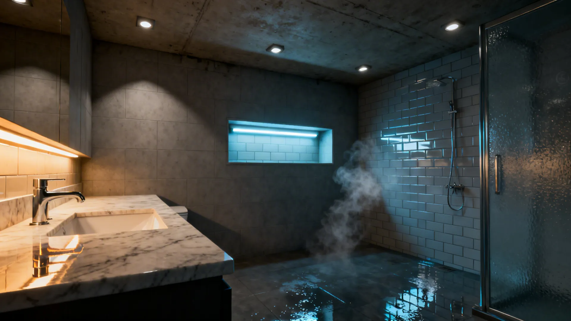 Layered lighting in a small, windowless basement bathroom with recessed and LED strip lights