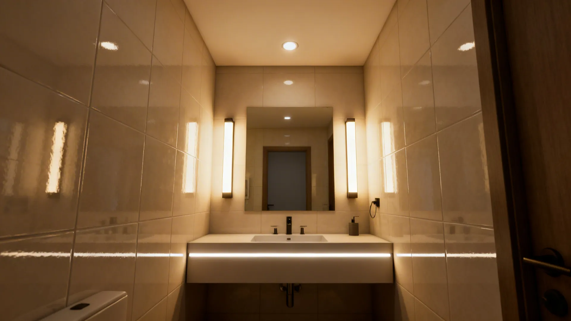 Small bathroom showing recessed lights, wall sconces and LED strip under floating vanity for layered lighting.