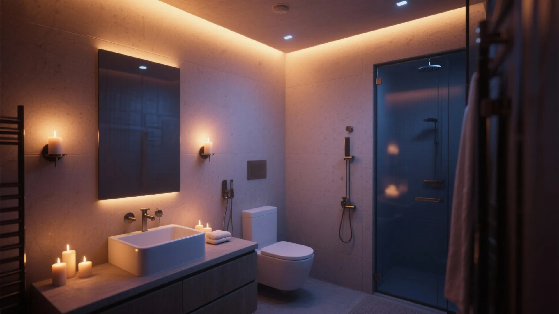 Moody bathroom design with warm ceiling light wall lights candles white sink toilet and glass shower