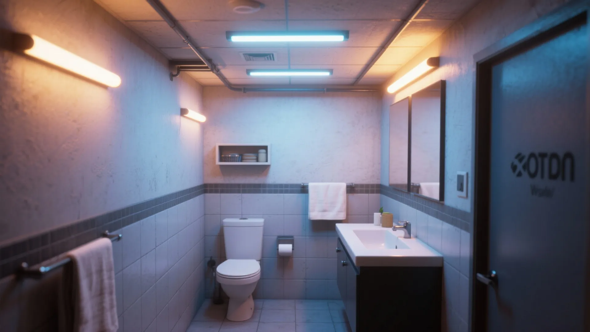 Bathroom interior with blue and yellow light fixtures white toilet sink and mirrors on wall