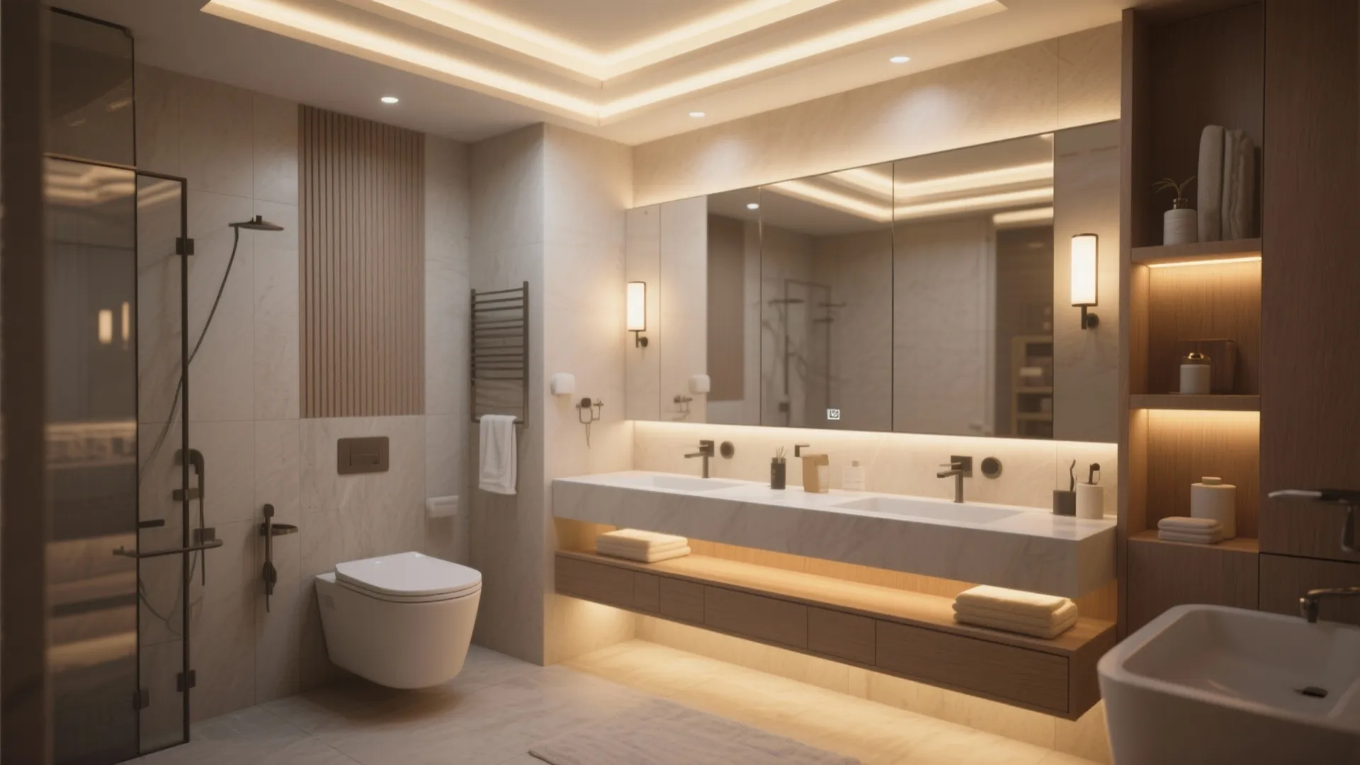 Modern bathroom with double sink vanity large mirror recessed ceiling lights and warm wall light fixtures