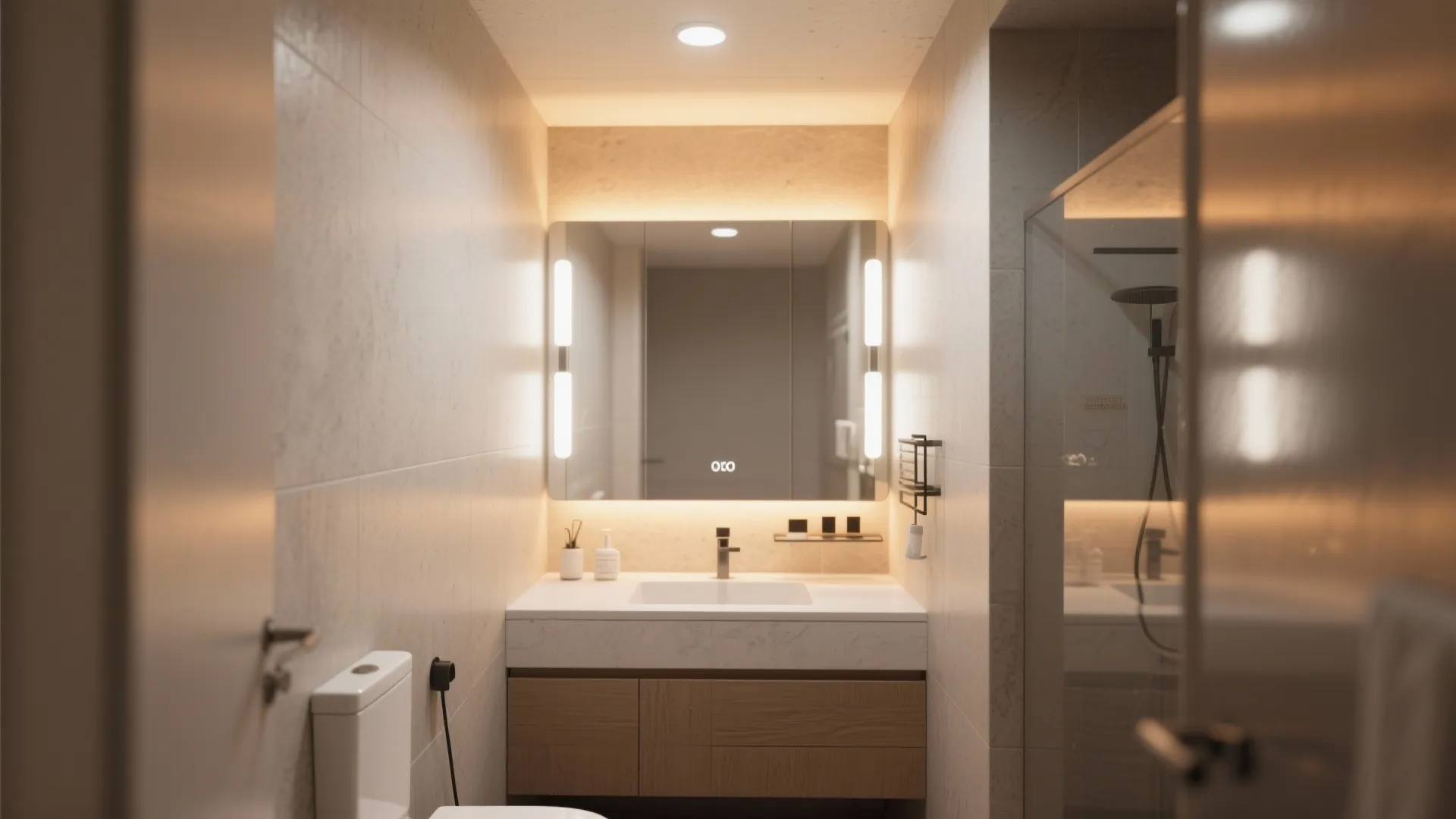 Modern bathroom interior featuring lighted mirror wooden cabinet sink and warm soft wall light fixtures