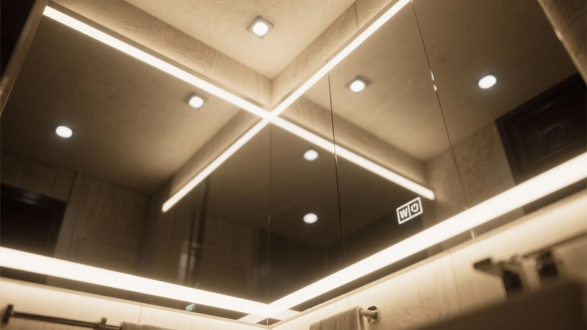 Close up of a bathroom mirror with built in light strips and warm ceiling lights