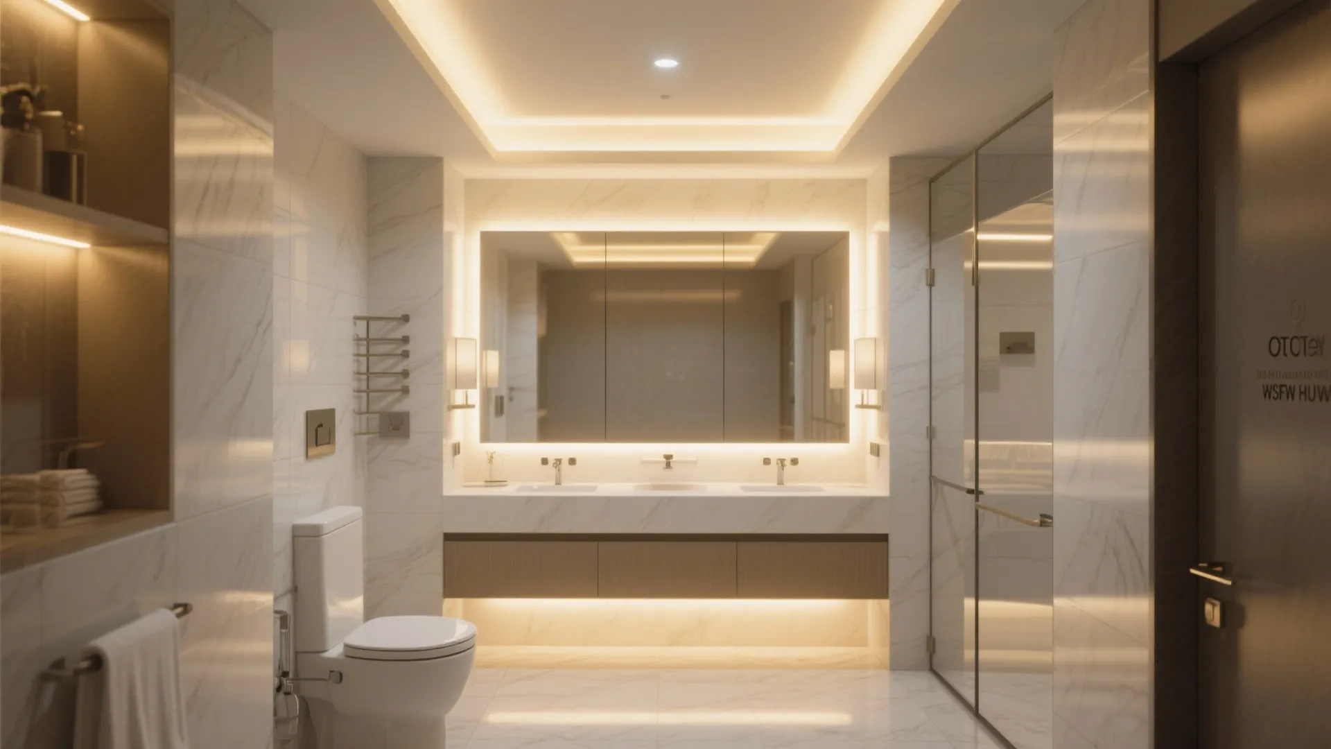 Modern bathroom with marble walls, large backlit mirror, double sinks, white toilet, and warm lighting
