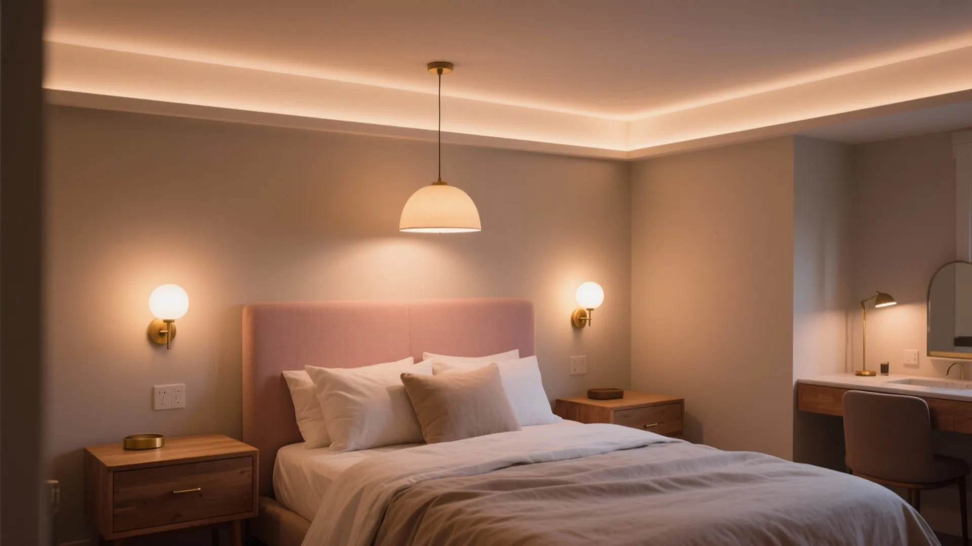 Modern bedroom with pink headboard bed wooden nightstands wall lights ceiling light and warm lighting