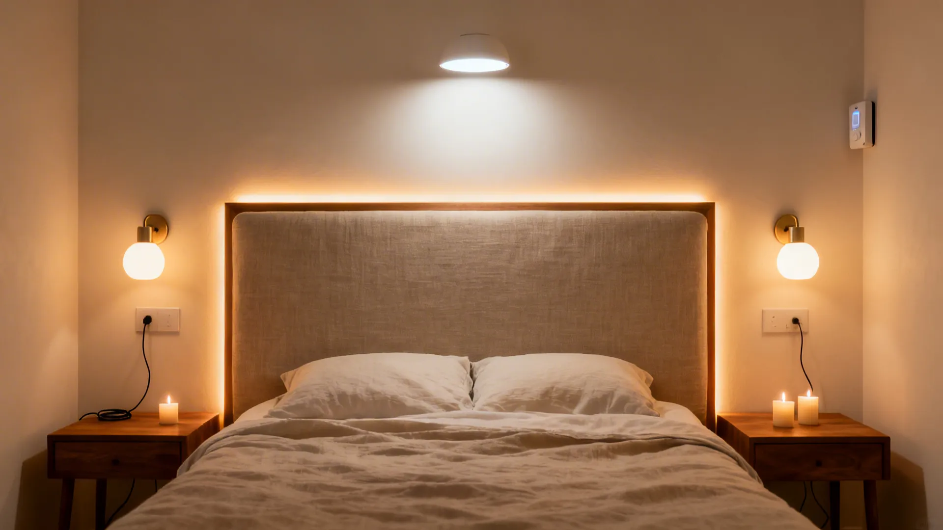 Dimmable sconces and a headboard LED strip create a gentle warm glow in a small bedroom.