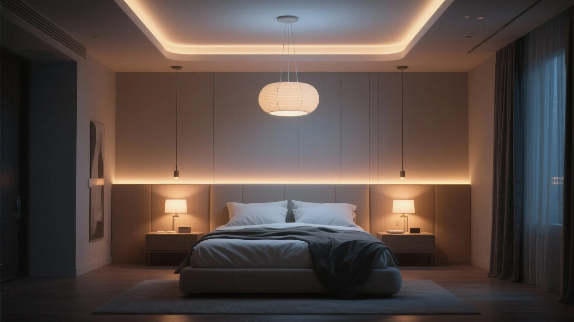 Modern bedroom at night with central ceiling light two table lamps and warm integrated light