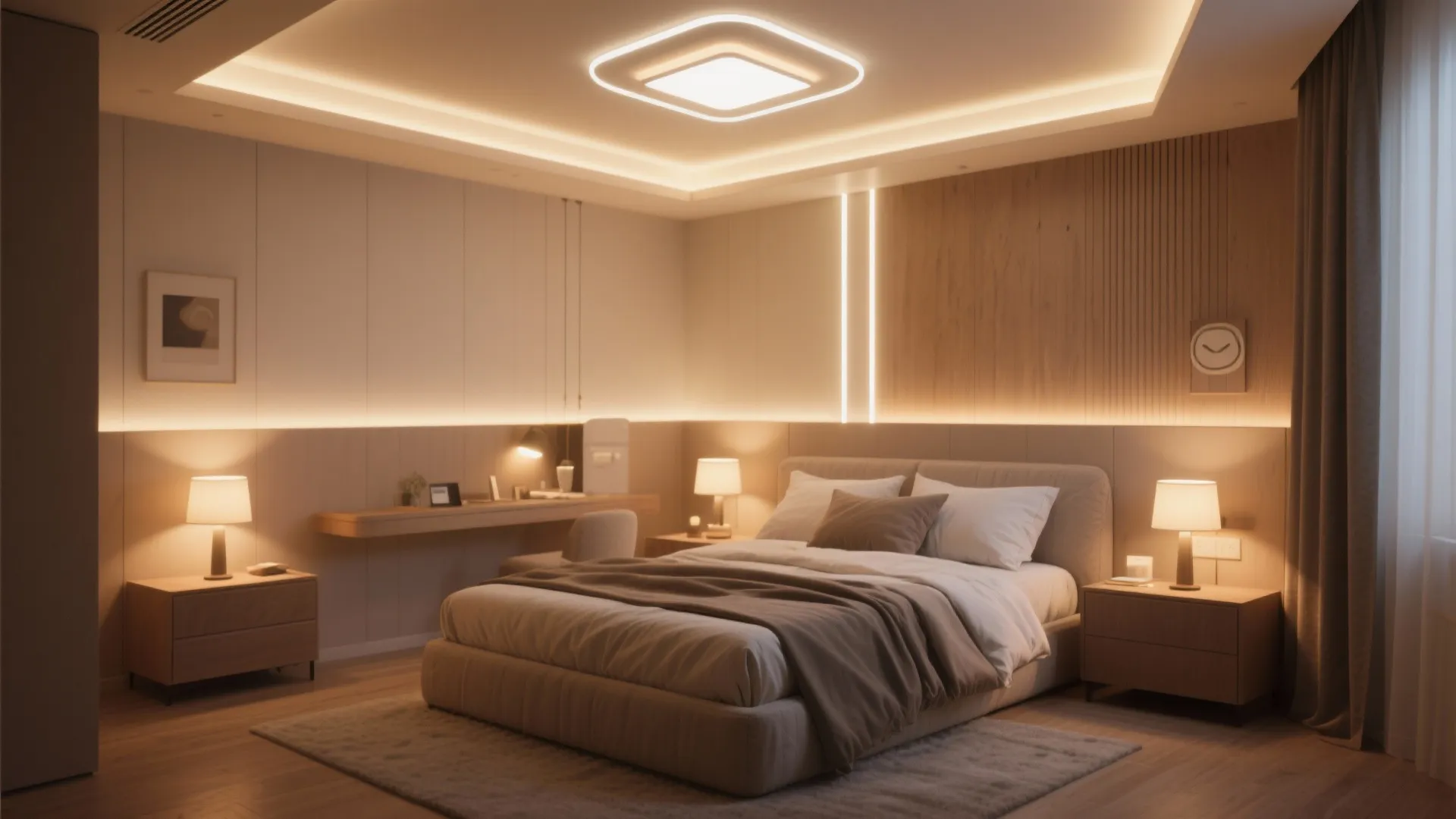 Modern bedroom with warm hidden light strips square ceiling light table lamps and wooden wall