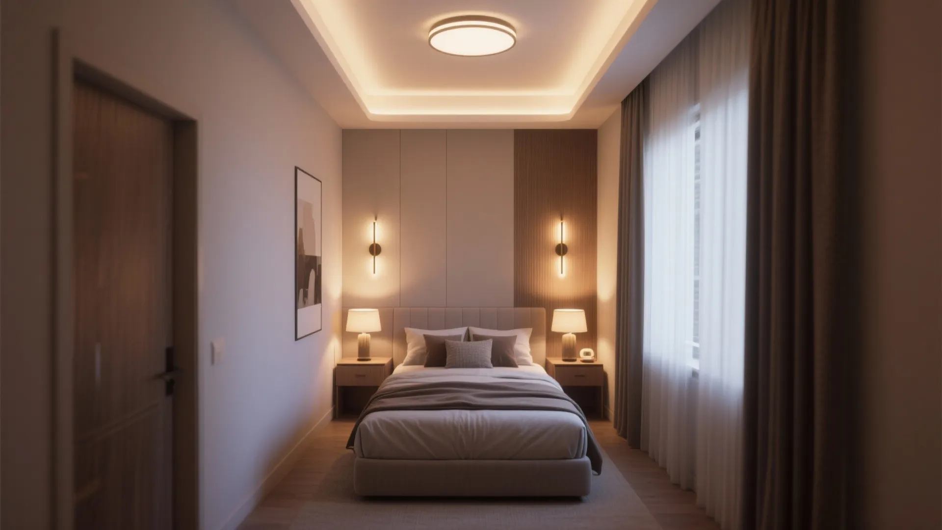 Warm cozy bedroom with a ceiling light wall lights bedside lamps and soft grey bed