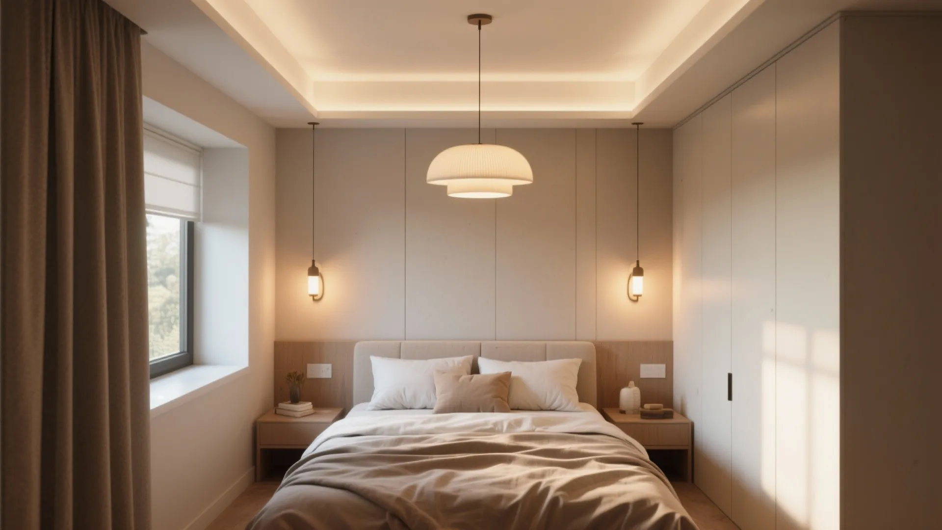 Modern bedroom with ceiling light two wall lights beige bed and large window with natural light