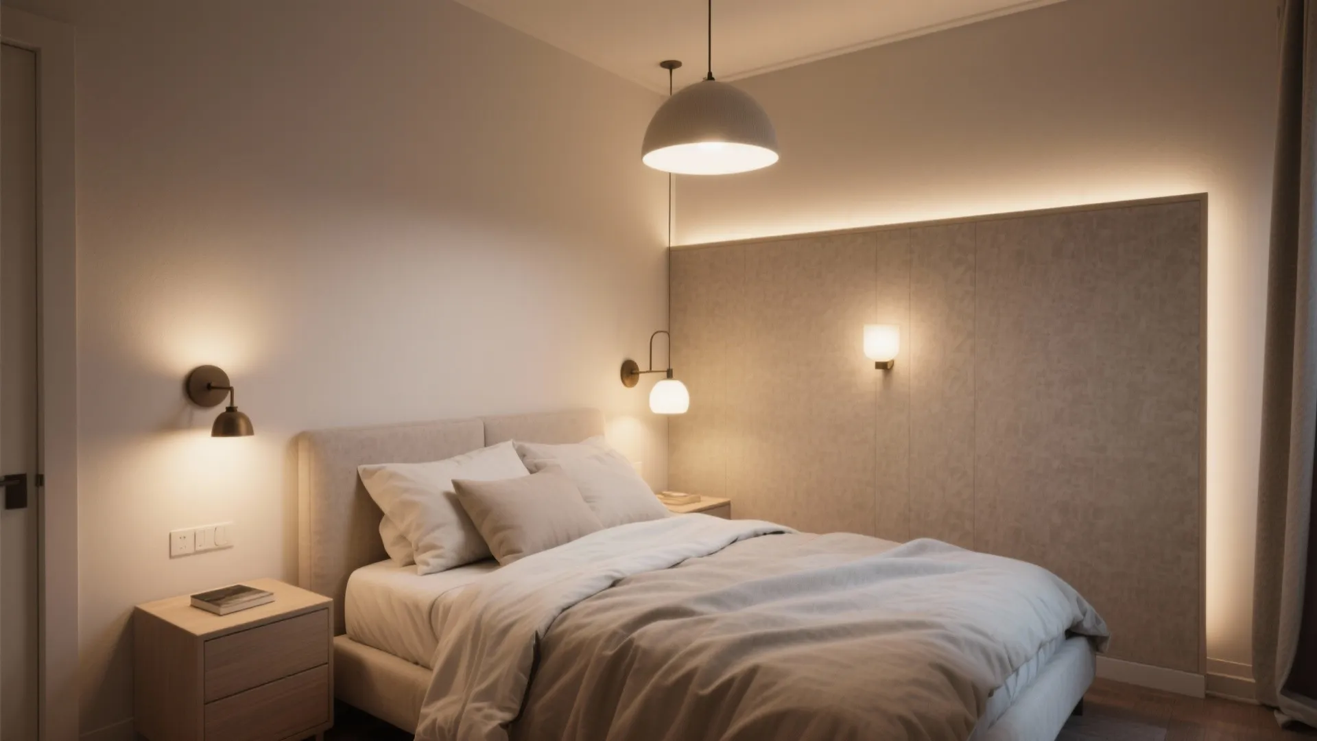 Cozy bedroom with warm ceiling light wall lights and lighting behind a modern beige panel