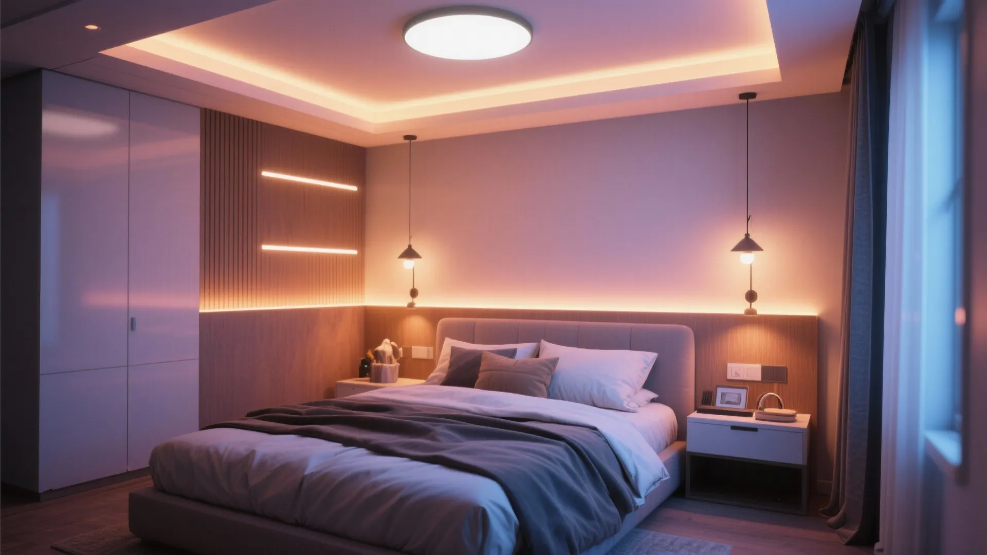 Cozy bedroom with warm ceiling light and wall light fixtures over a comfortable double bed