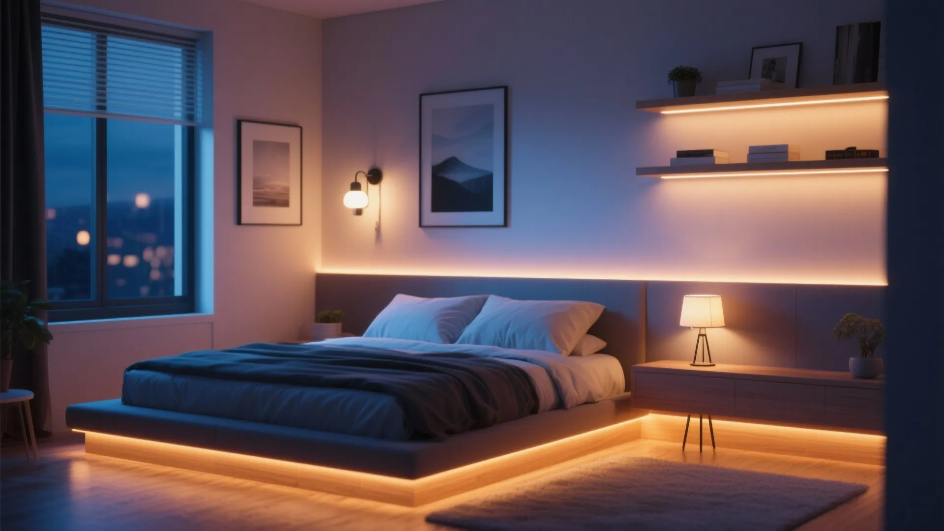 Modern bedroom with warm hidden light strips on headboard wall shelves and under the bed
