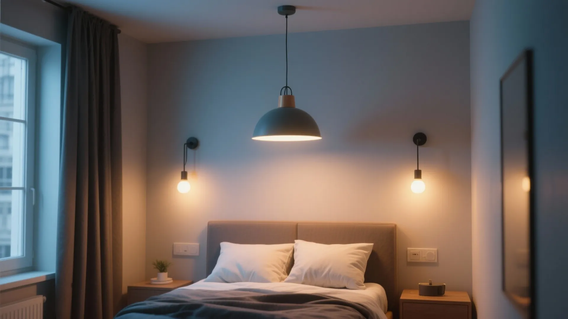 Bedroom with layered lighting including a blue ceiling light and two warm white wall lights