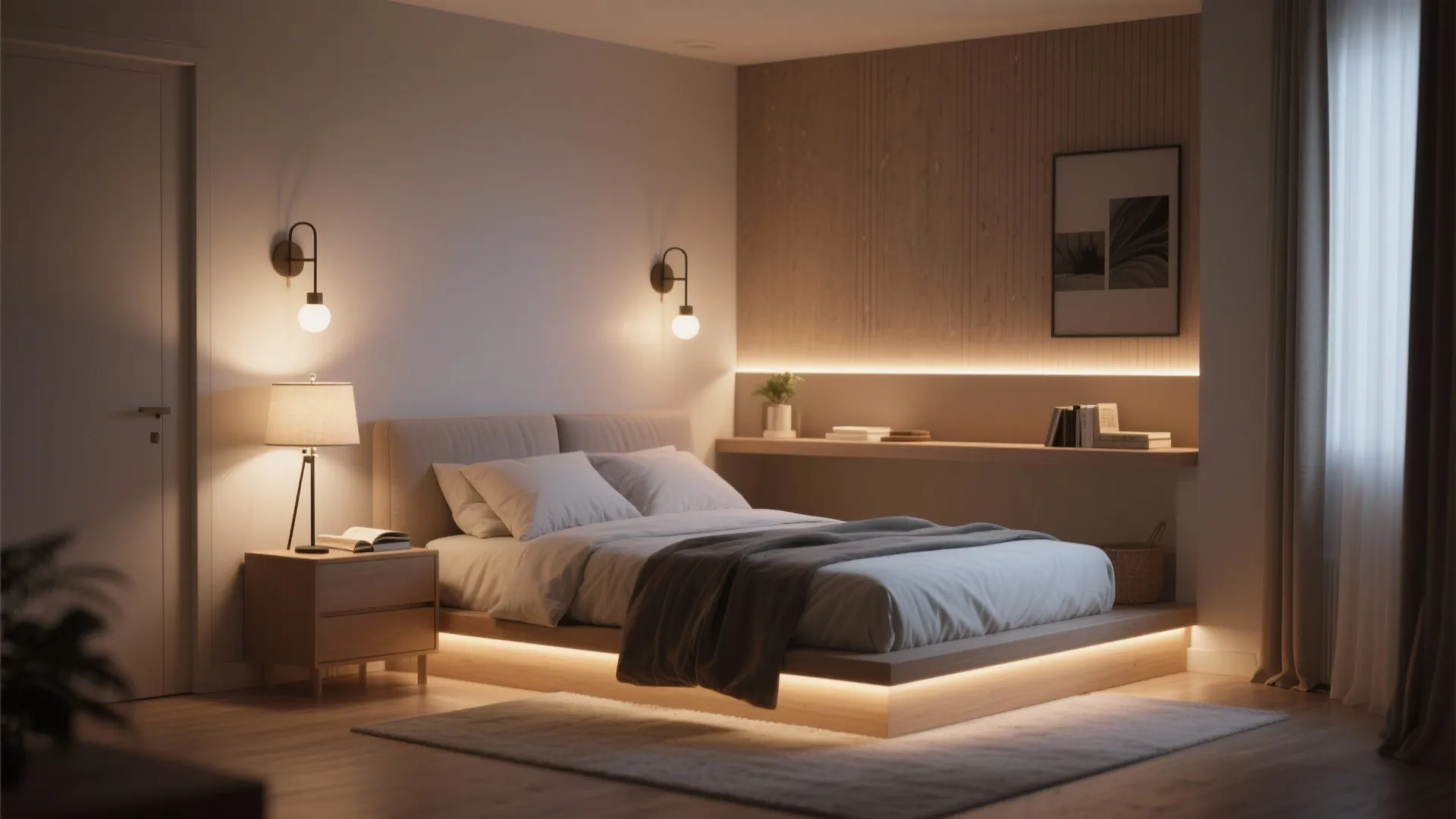 Small bedroom with multiple layers of lighting sources