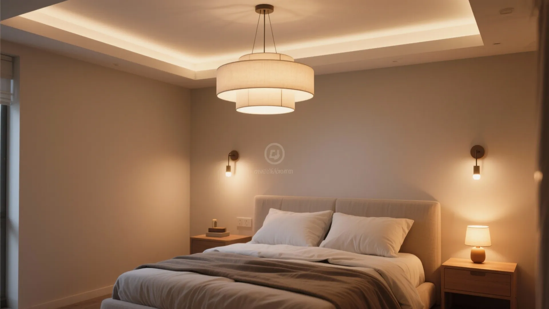 Modern bedroom with ceiling light wall lights bedside table lamp and cozy bed with white pillows