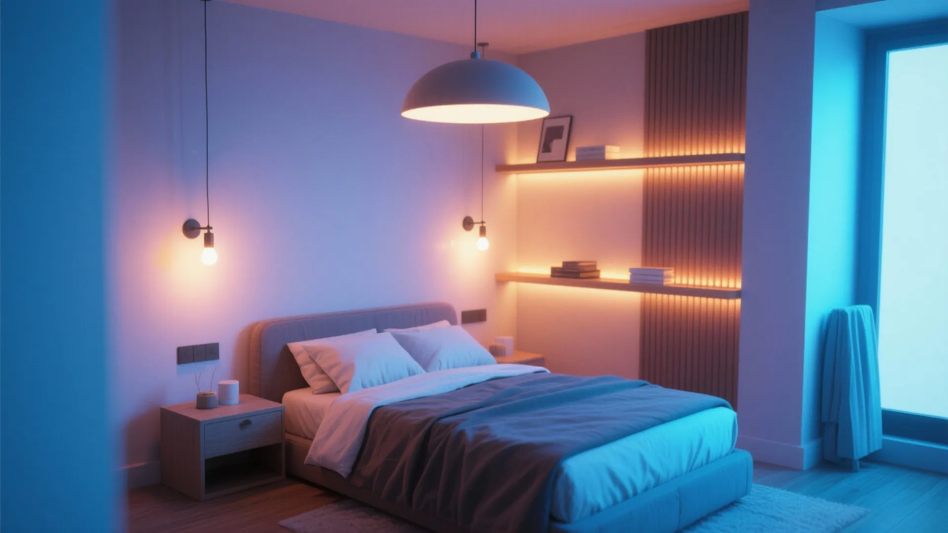 Small bedroom with layered lighting fixtures for coziness