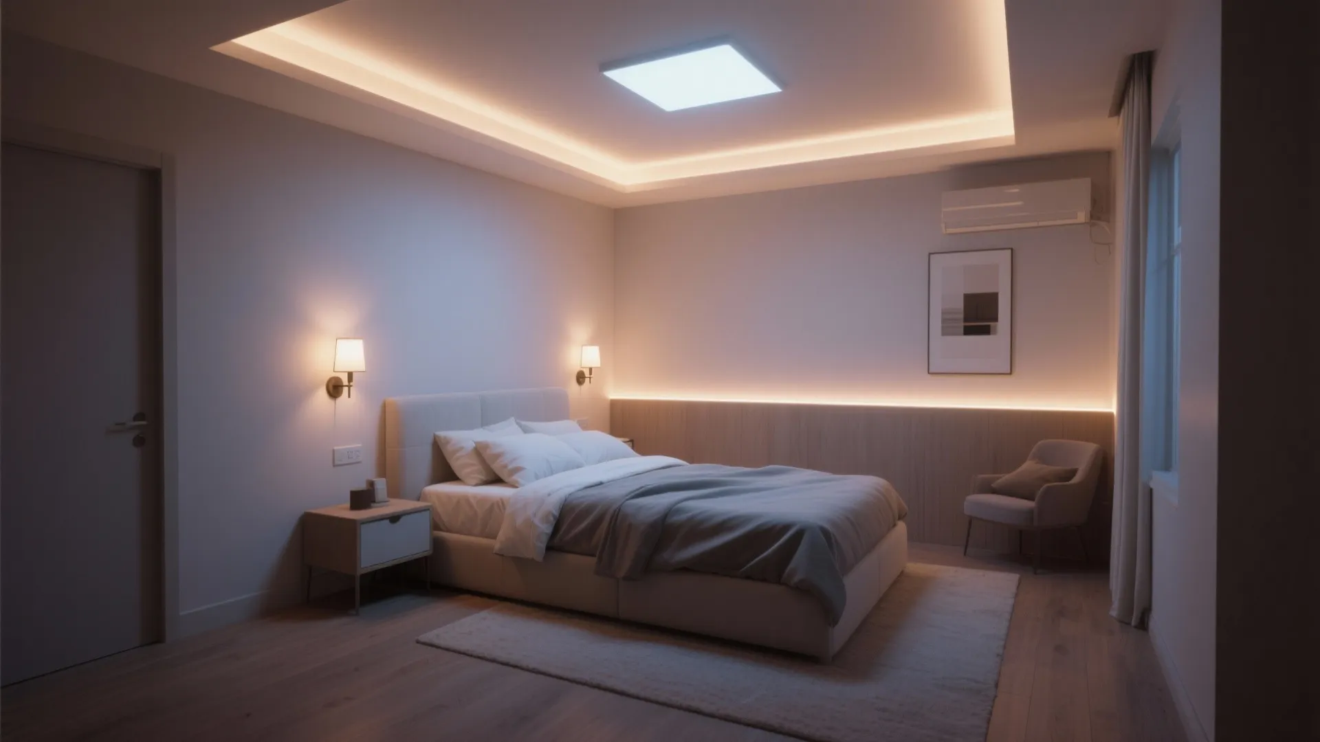 Modern bedroom with warm wall light fixture ceiling light hidden led strips and soft grey bedding