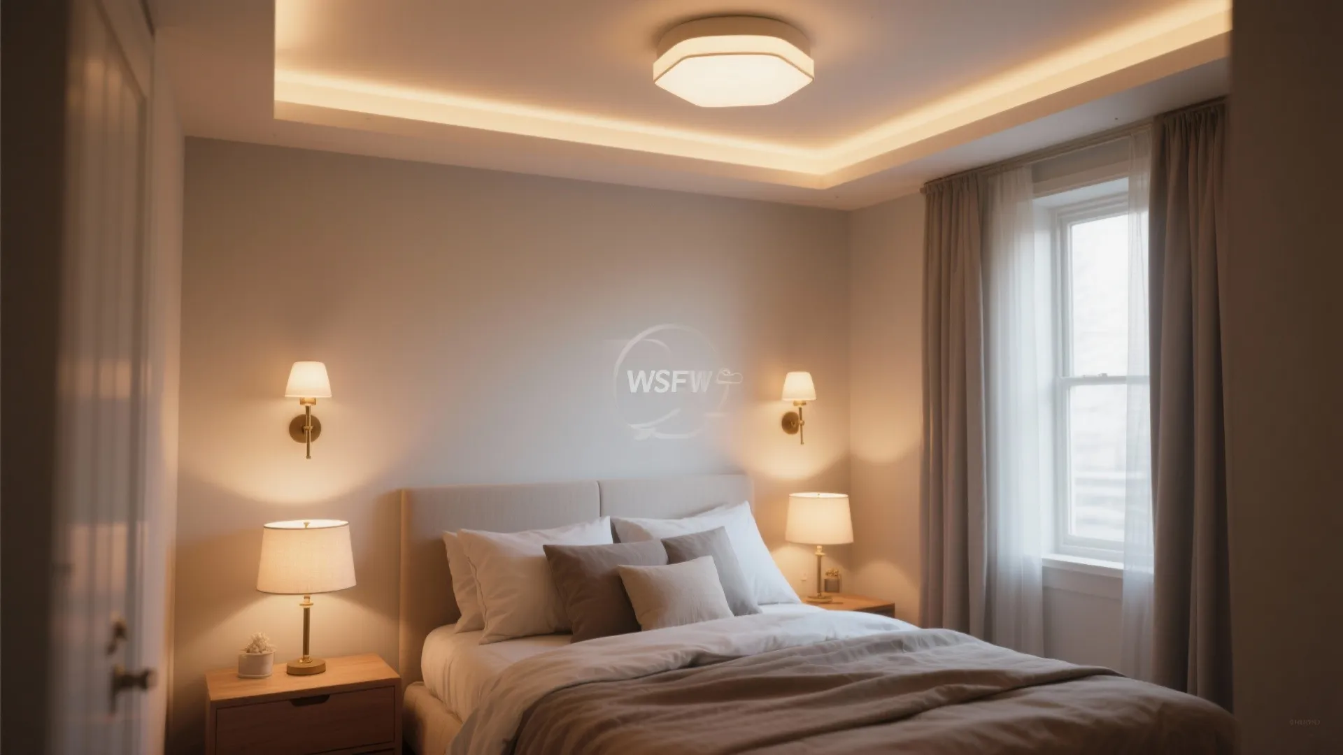 Small bedroom with ceiling light, sconces, and bedside lamps layered for mood