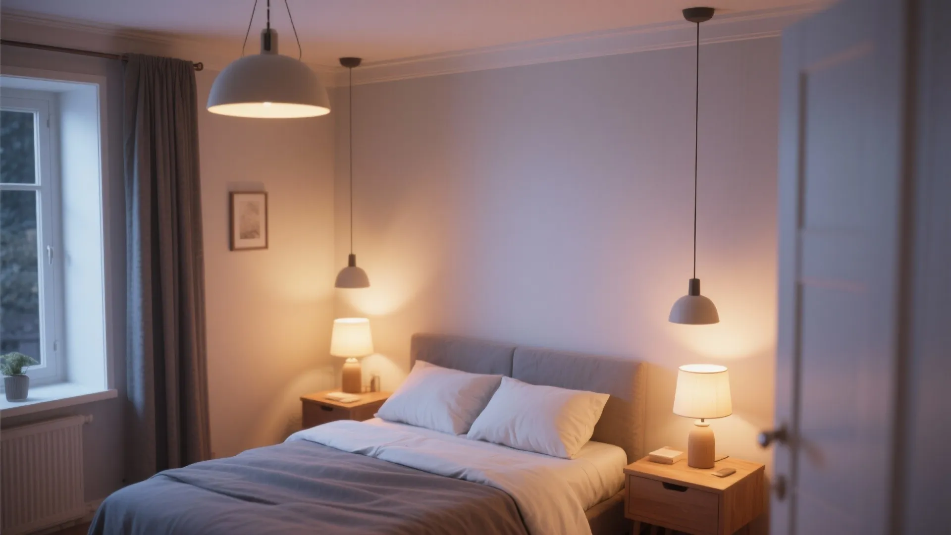 Warm bedroom interior with several hanging ceiling light fixtures wooden bedside tables and grey bed