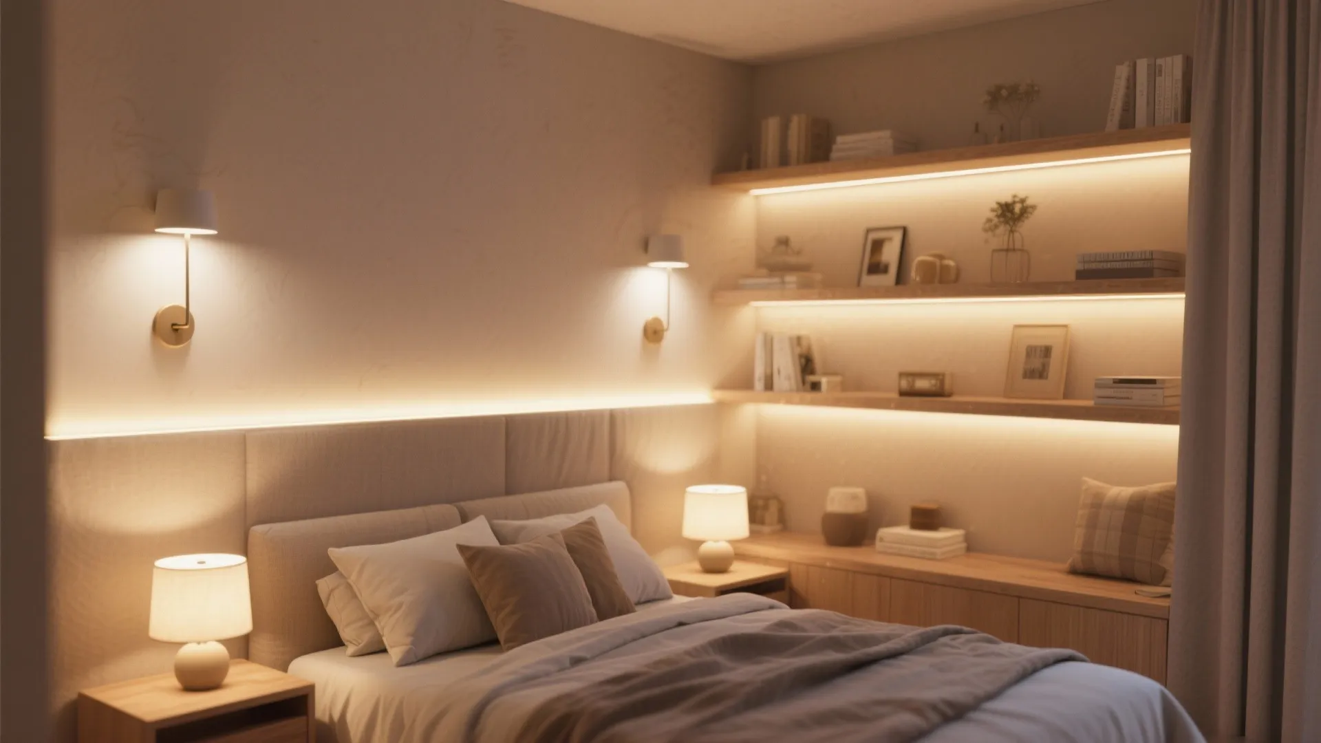 Bedroom with wall sconces, bedside lamps, and LED strip under shelves
