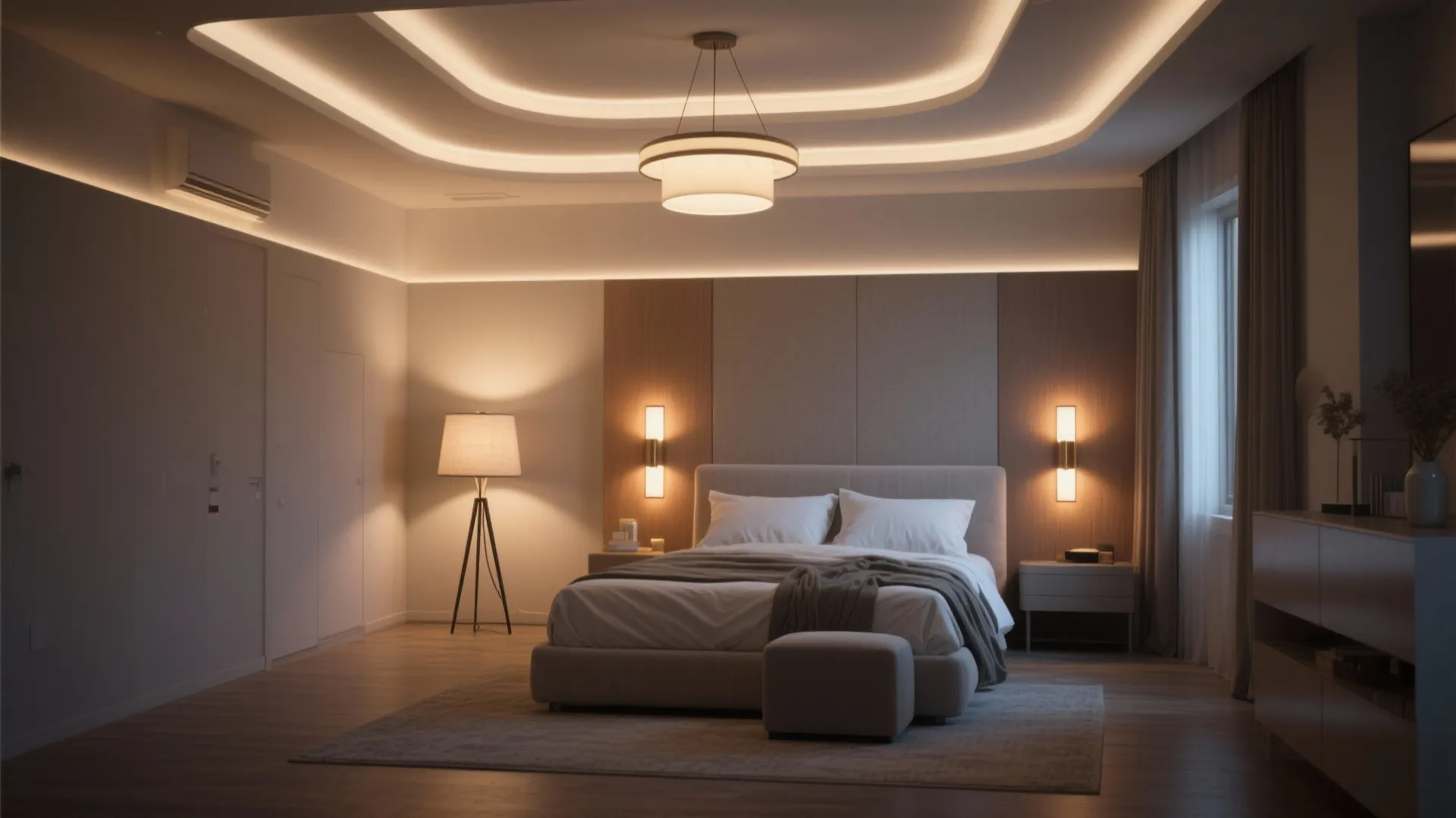 Warm bedroom featuring layered lighting with ceiling light wall lights floor lamp and hidden lights