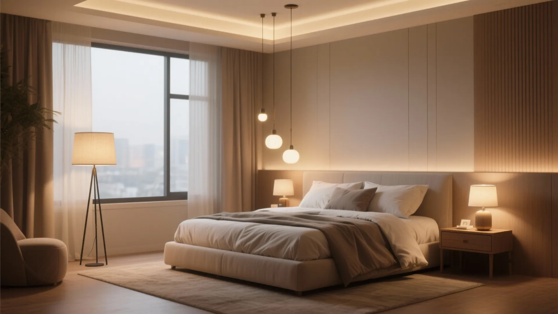 Modern bedroom with warm layered lighting from ceiling lights bedside lamps and a floor lamp