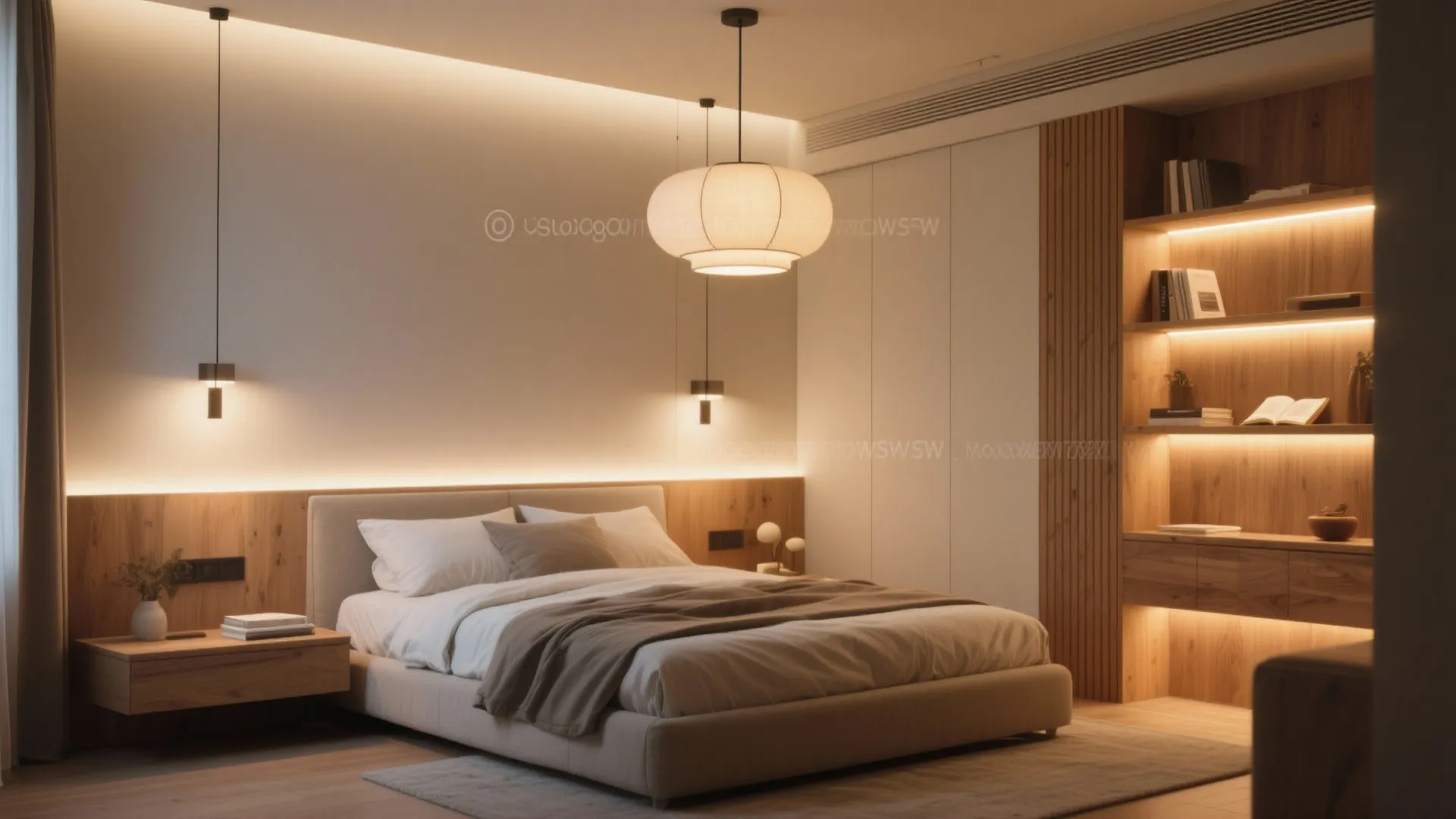 Modern bedroom with warm wall lighting ceiling light wooden wall panels and built in book shelves