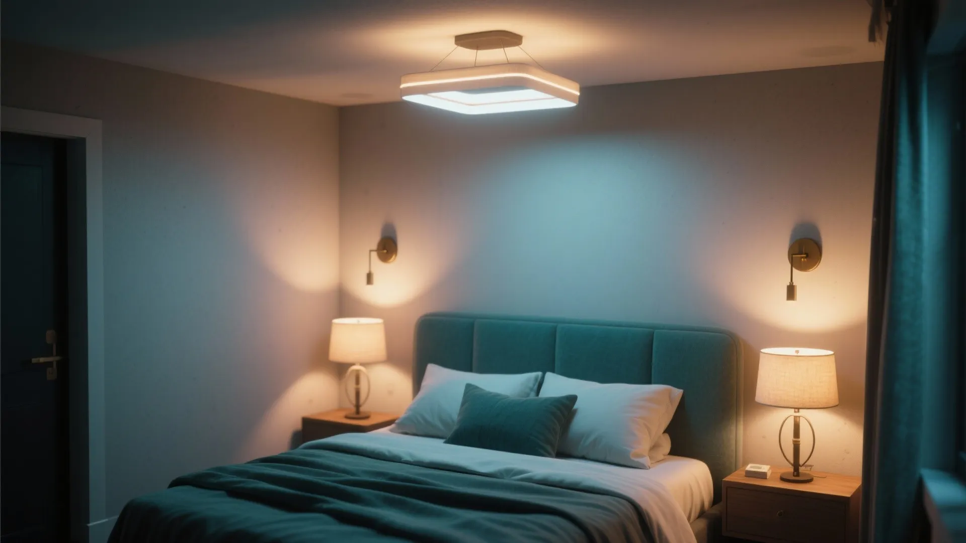 Cozy bedroom with a ceiling light and wall lights and table lamps on bedside tables