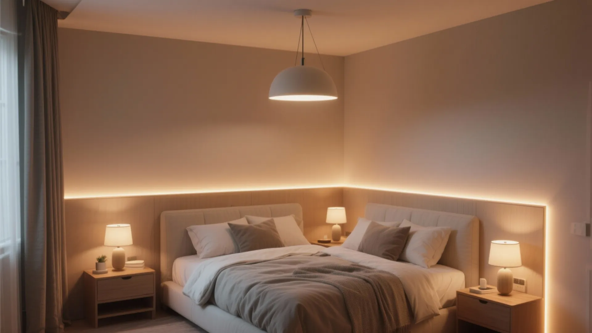 Cozy bedroom with ceiling light table lamps and warm wall panel lighting around the bed