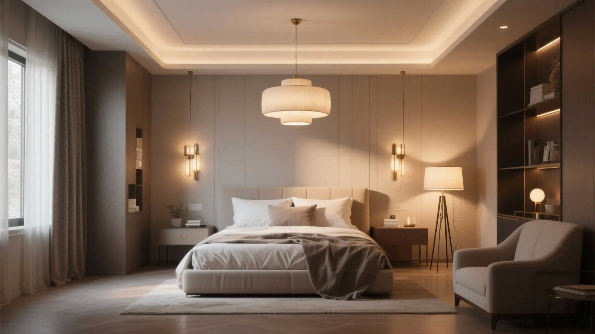 Bedroom with ambient, task, and accent lighting