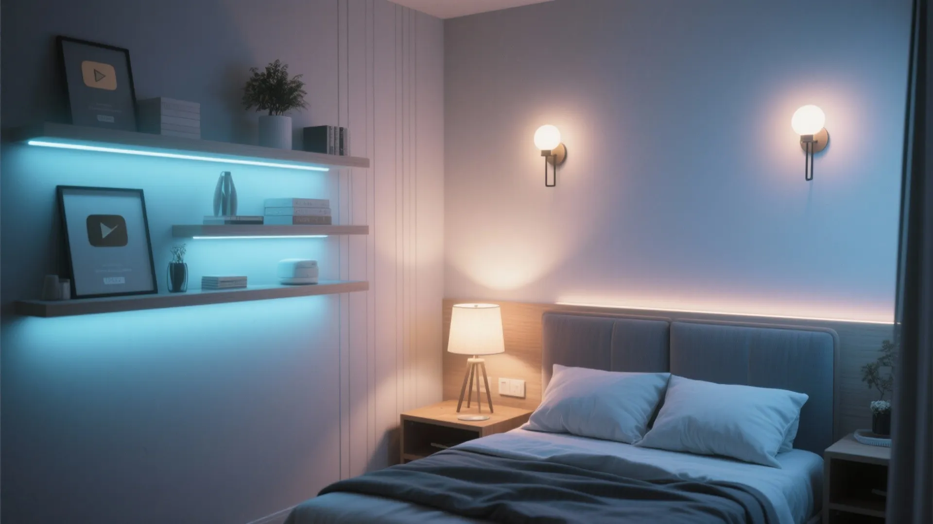 Small bedroom with wall sconces, LED strips, and table lamp