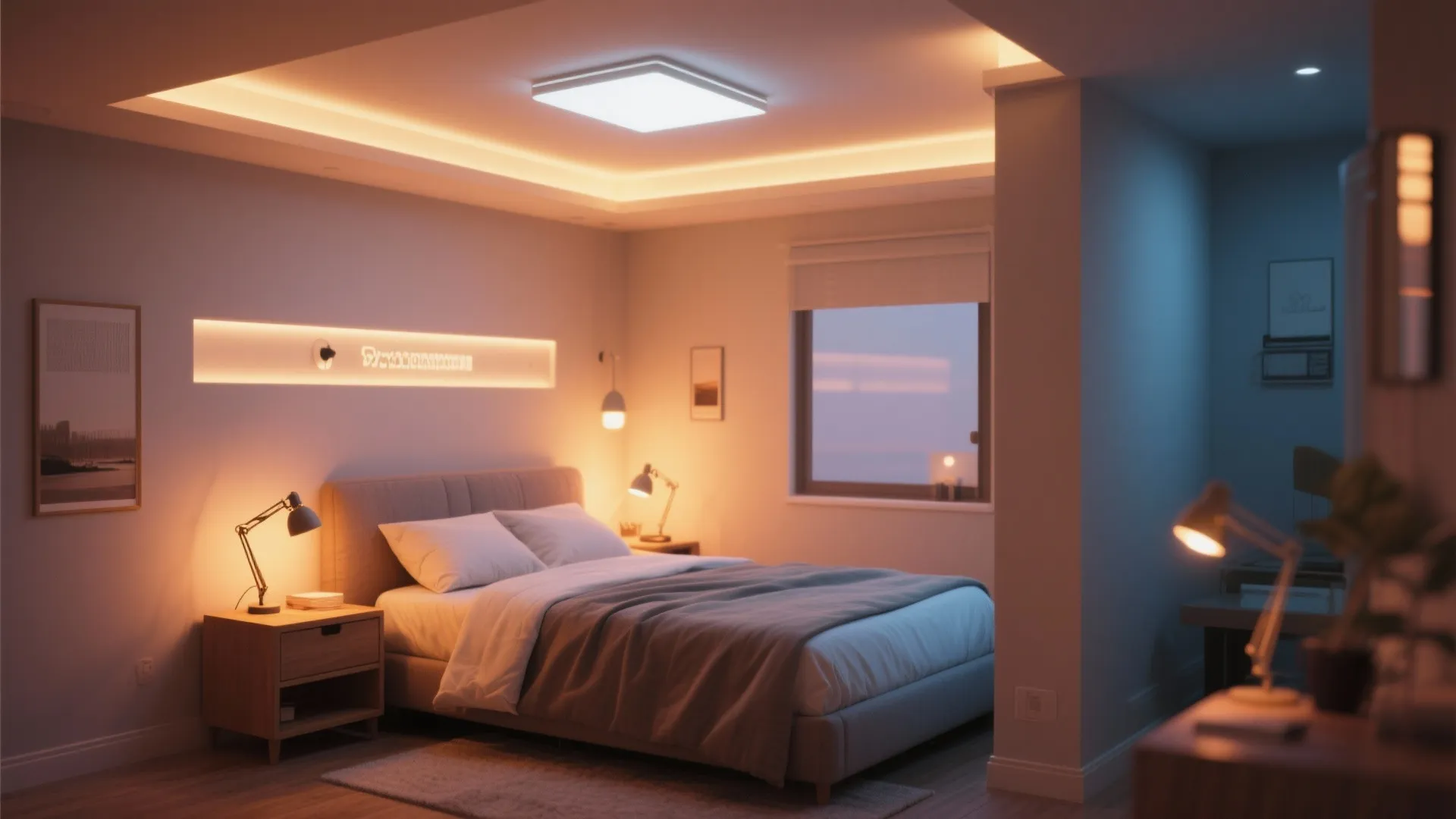 Small bedroom with layered lighting creating depth