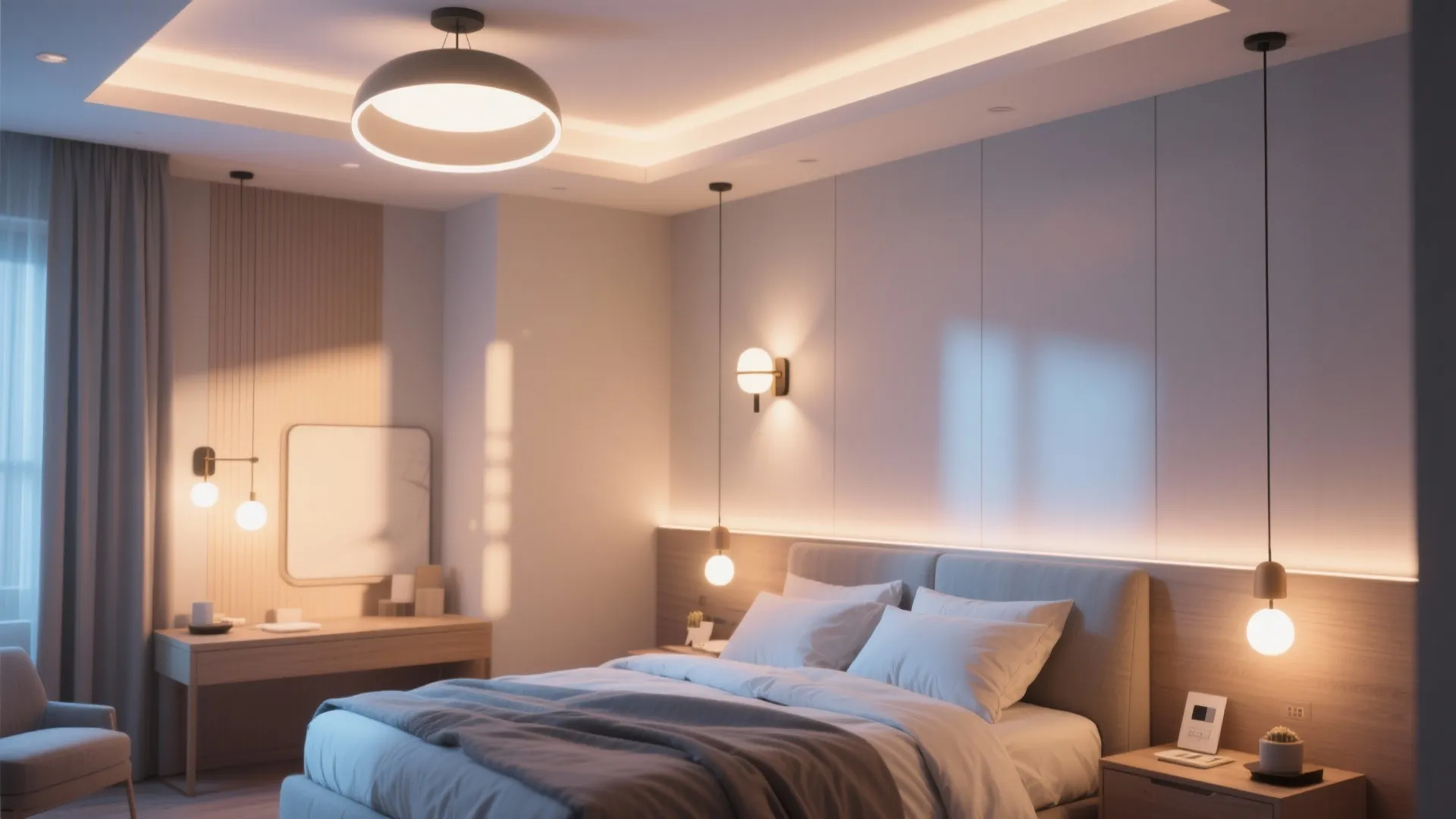 Modern bedroom with warm lighting from ceiling lights wall lights and small lamps on side tables