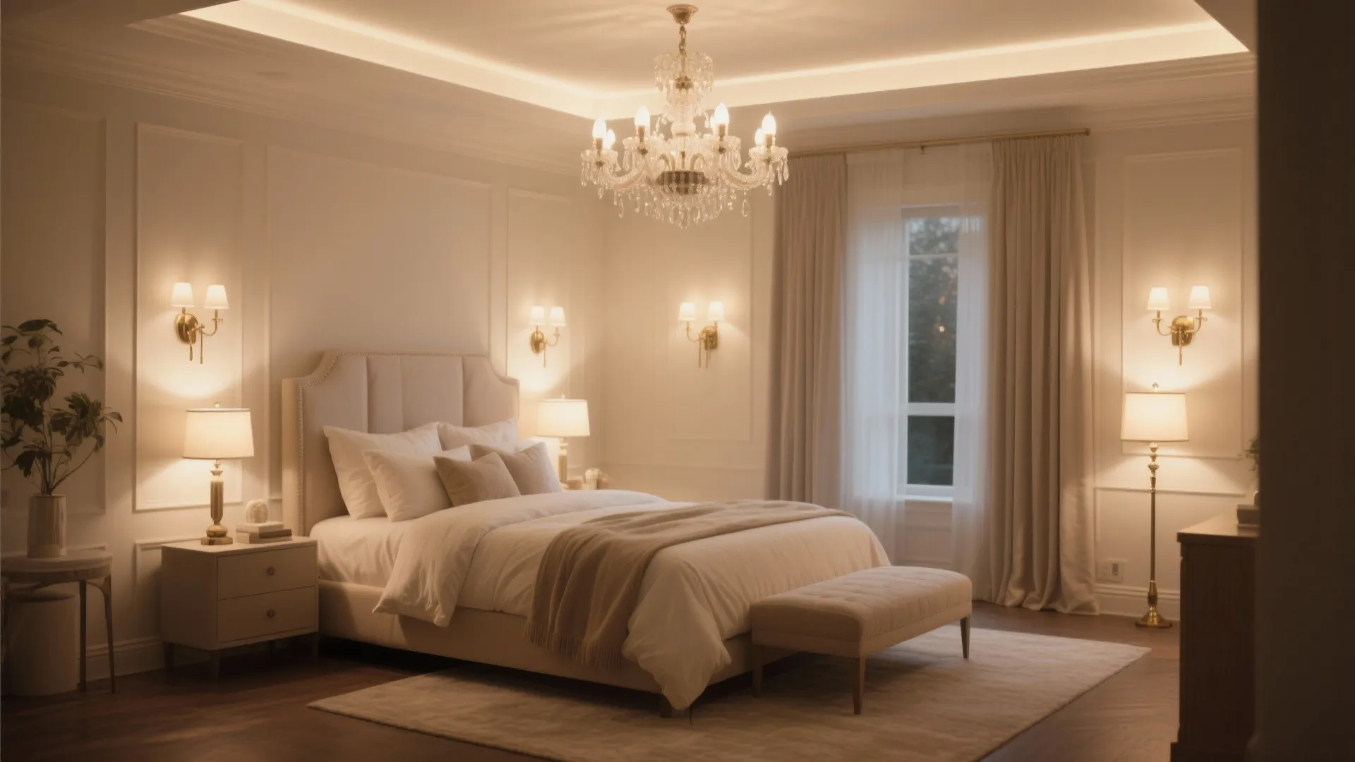 Elegant bedroom design with crystal ceiling light wall lights bedside lamps and a comfortable footrest