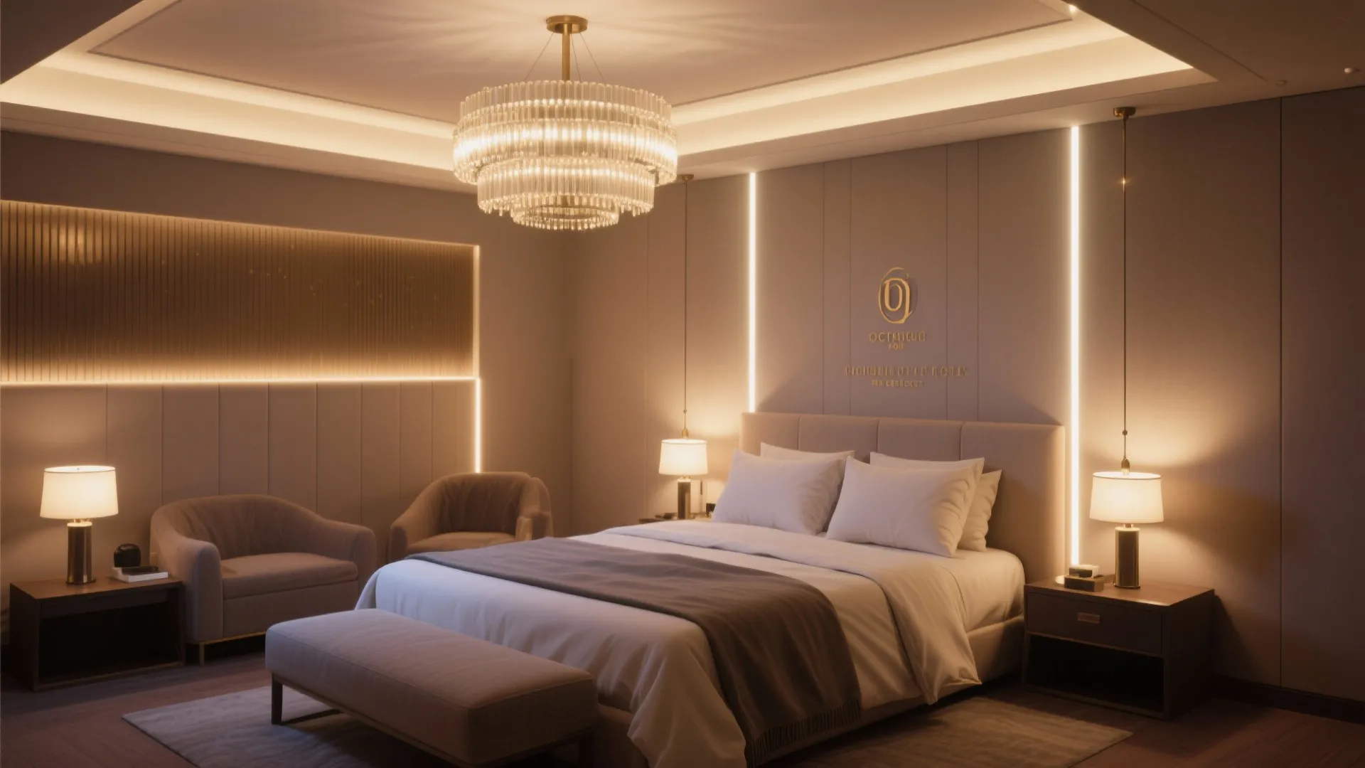 Luxury hotel bedroom featuring large crystal ceiling light and soft wall panel lighting near armchairs