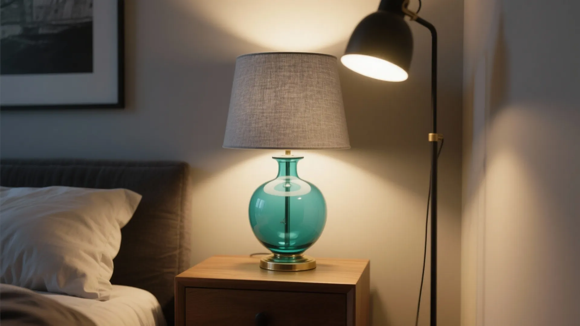 Bedroom lighting with teal glass lamp, grey shade, black floor lamp