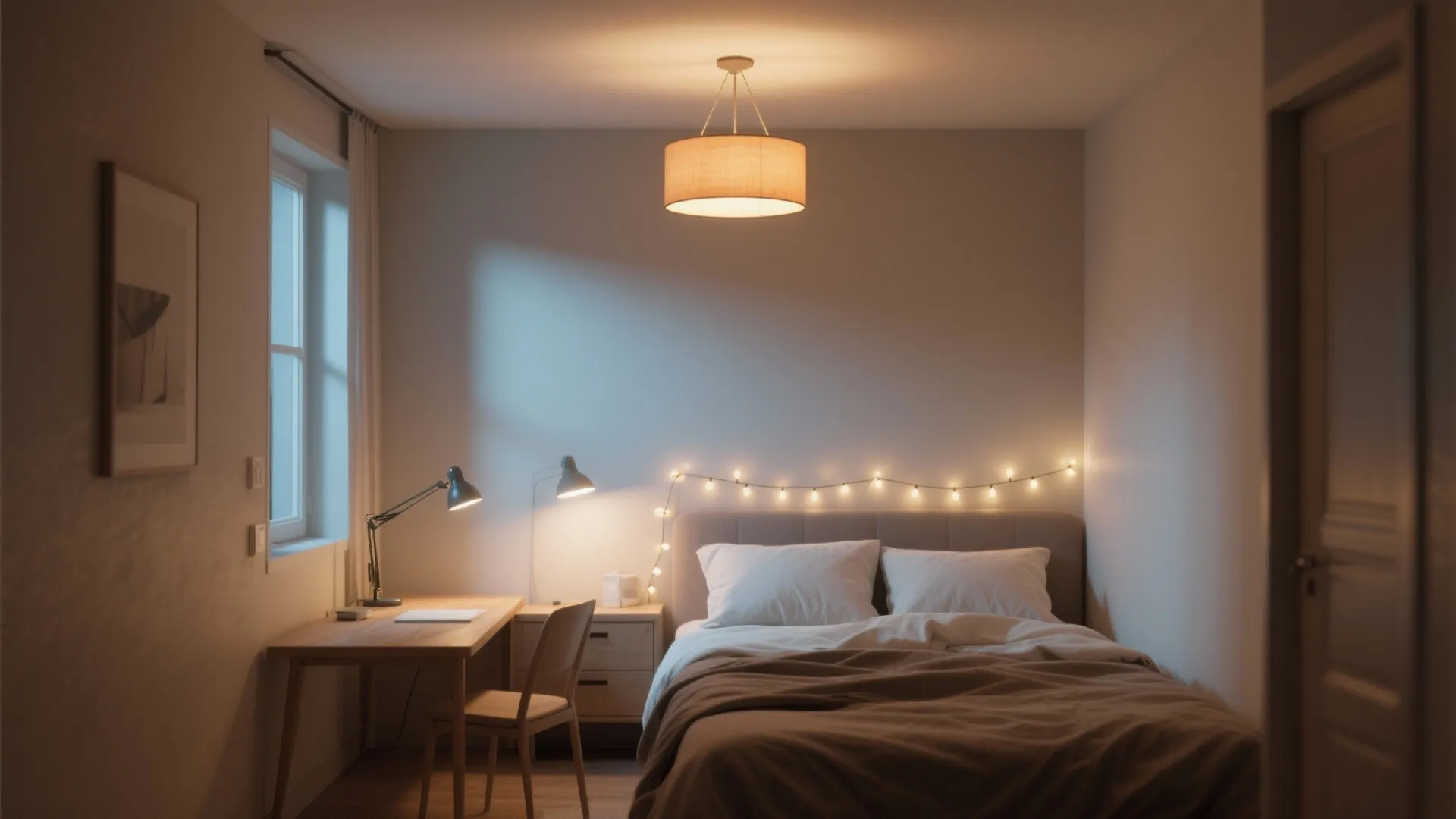 Cozy bedroom with ceiling light string lights desk lamp warm atmosphere wooden table and soft bed