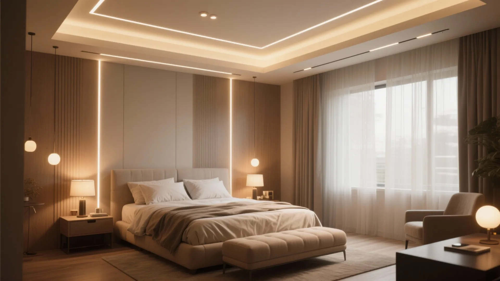 A modern bedroom with layered lighting from multiple sources