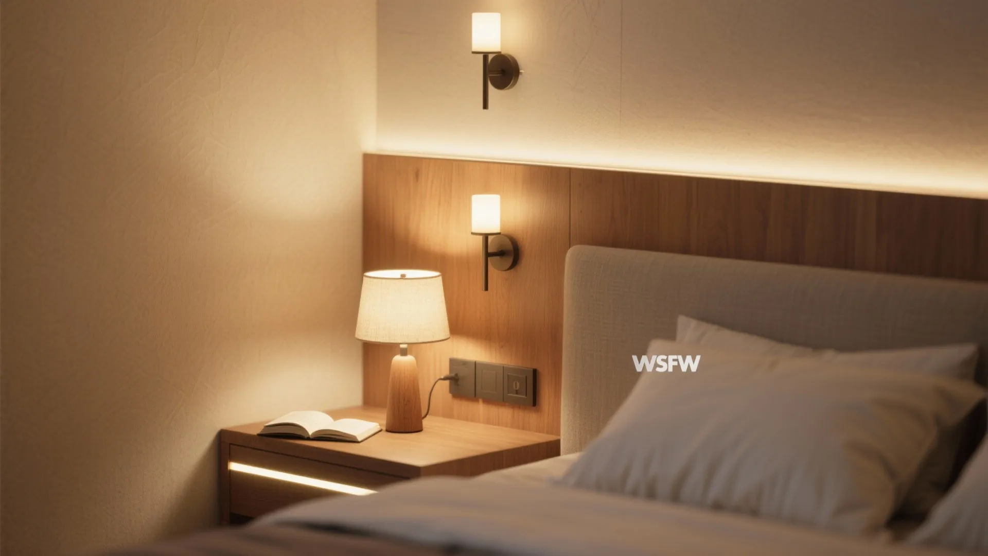 Close up of bedroom nightstand with small table lamp wall light and warm glowing hidden lighting