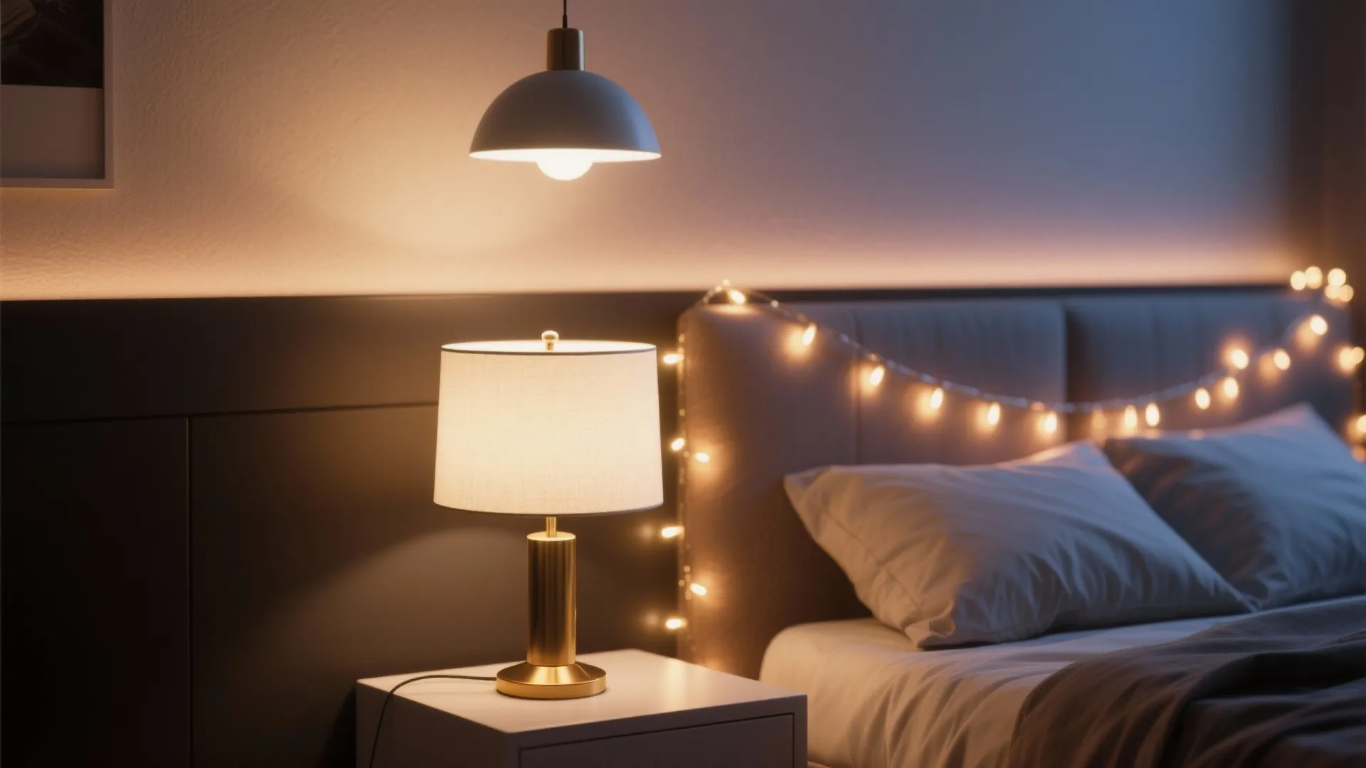 Cozy bedroom with table lamp on nightstand, ceiling light, and fairy lights on padded headboard
