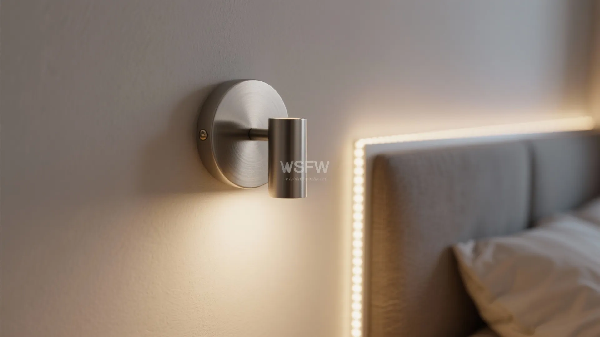 Modern metal wall light installed on a white wall next to a soft grey headboard