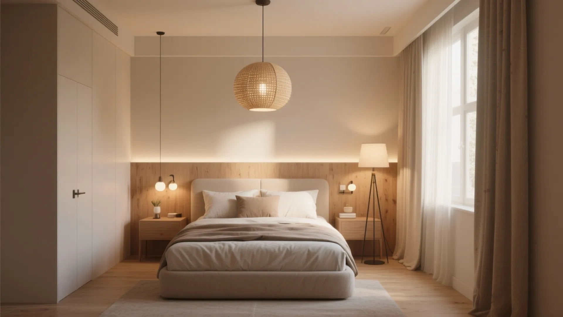 Minimalist bedroom with wood wall panel floor lamp woven ceiling light and simple white bedding
